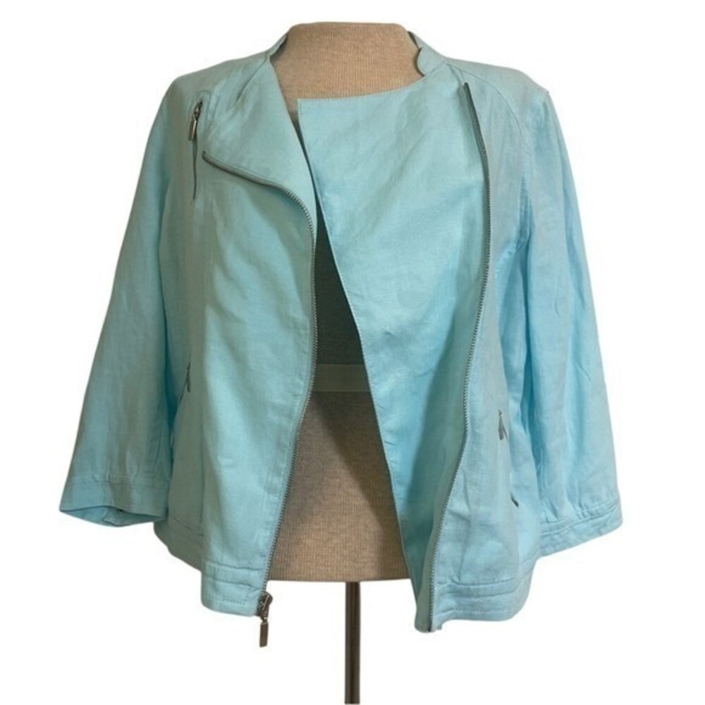 Chicos 100% Linen Asymmetric Zip Moto Jacket Blue 0 S/4